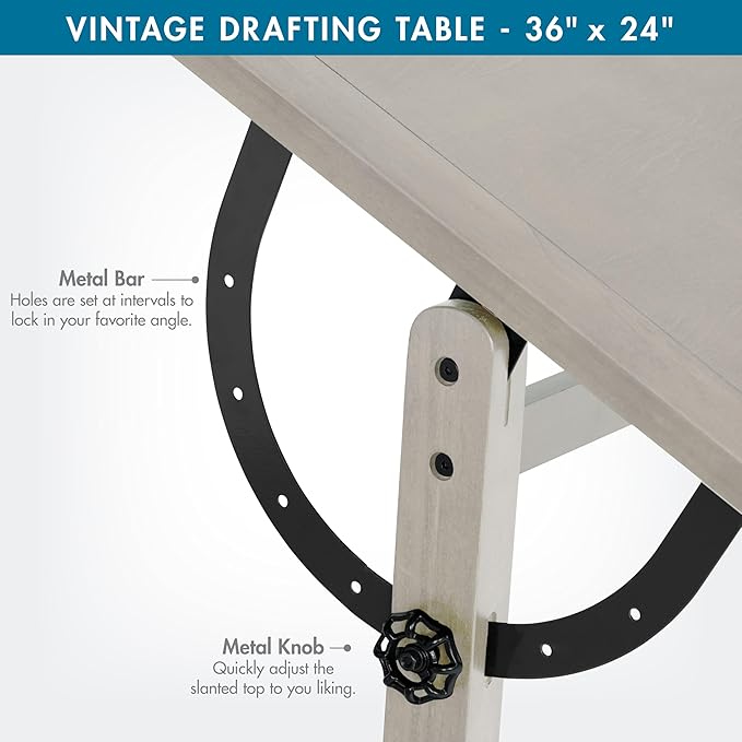 Studio Designs Vintage Drawing/Drafting Table with Pencil Ledge - 36" W x 24" D - Coastal Whitewash - Adjustable Tilting Top