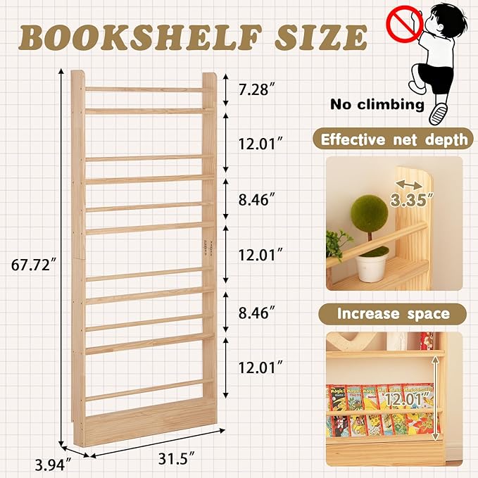 Baveke Kids Bookshelf, 6 Tier Shelves Behind The Door Book Shelf Storage, Children's Solid Wood Bookcase, Wall Mount Bookshelf for Bedroom, Living Room, Nursery（（FSC-Certified Wood））
