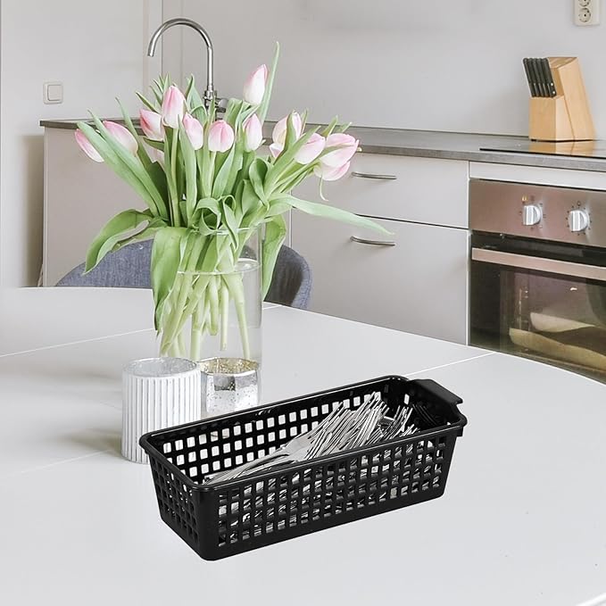 6 Pack Slim Plastic Storage Baskets, Small Desktop Storage Baskets, Black