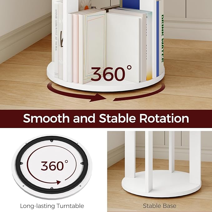 MAHANCRIS 5-Tier Rotating Bookshelf, 360° Spinning Bookshelf Tower, Floor Standing Round Revolving Bookcase, Display Rack for Books, CDs, for Living Room, Study, Bedroom, White BKWT6501