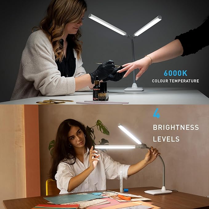 DuoPro™ Table Lamp - Double Shade LED Task Lamp, 4 Brightness Levels, 6,000K Daylight, 2,100 Lux, Anti-Glare, Flexible Arm, Touch Dimmer - Ideal for Sewing, Crafting, Reading