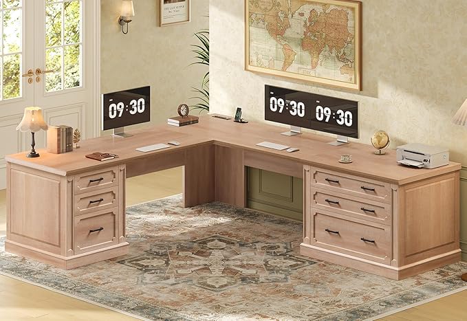 SEDETA Farmhouse 78.7" Executive L Shaped Desk with 6 Drawers, Home Office Desk with Power Outlet, File Cabinet Storage, Wood Corner Computer Desk for Work and Study, Oak