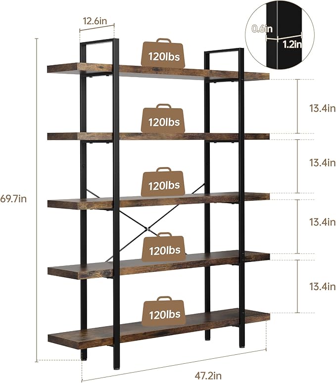 OtterOasis Bookshelf Set of 2, Heavy Duty 5-Tier Industrial Bookcase, 47" Wide Wood Bookshelf for Home Office, 120lbs Shelf Capacity, Rustic Open Display with Horizontal Shelf for Living Room Bedroom