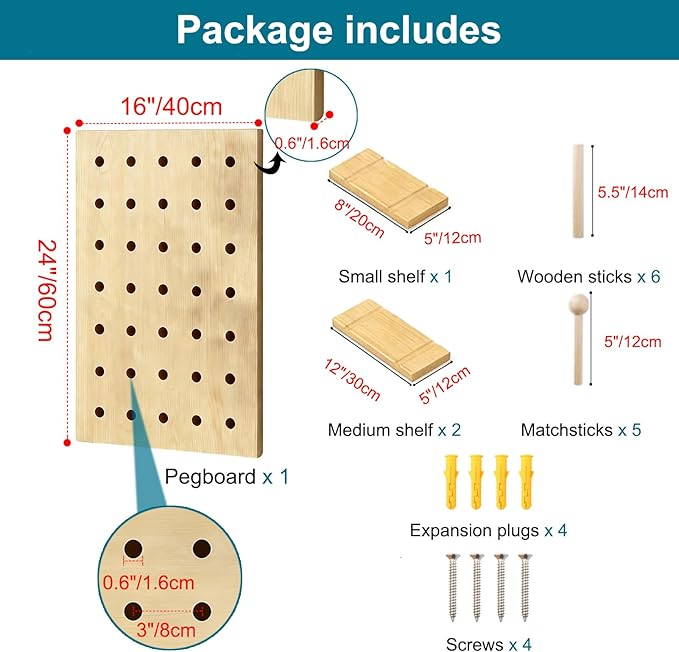 HJZALMI Pegboard Wall Organizer, Wood Pegboard Combination Kit with Shelves & Hooks, Modular Peg Board Panels Storage System for Office Organization Kitchen Bedroom, 15.7"x23.6"x0.6", Beige