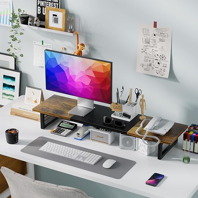Simple Trending Desk Organizers and Accessories, Dual Monitor Stand Riser, Desk Shelf Wood Computer Rack for 2 Monitors