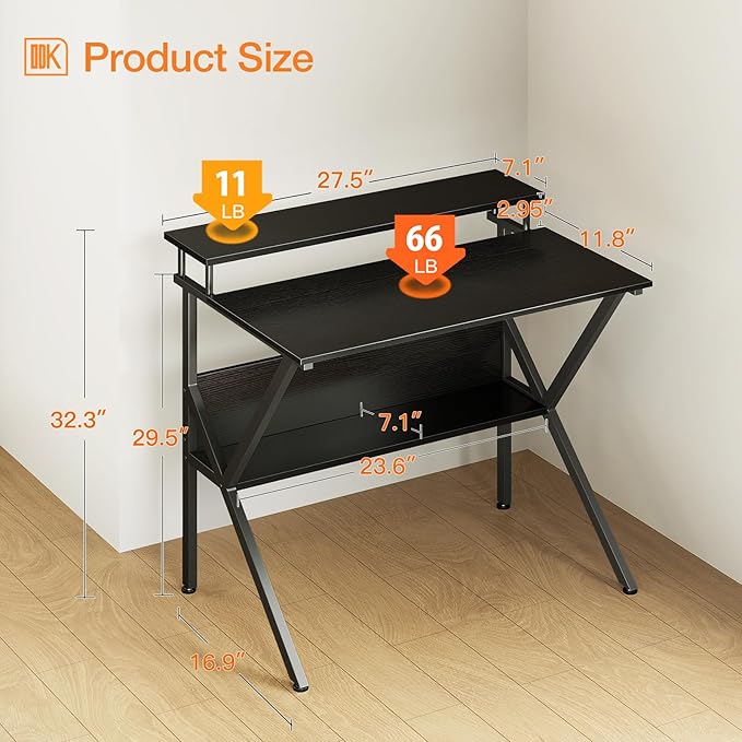 ODK Small Desk, 27.5 Inch Computer Desk for Small Spaces, Study Desk with Storage & Monitor Stand, Black