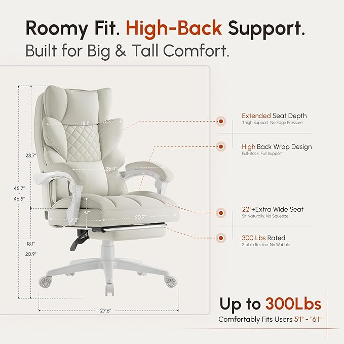 Dowinx Big and Tall Office Chair with Pocket Spring Cushion,High Back Computer Gaming Chairs with Linkage Armrests,Executive Desk Chairs with Footrest,PU Leather-White
