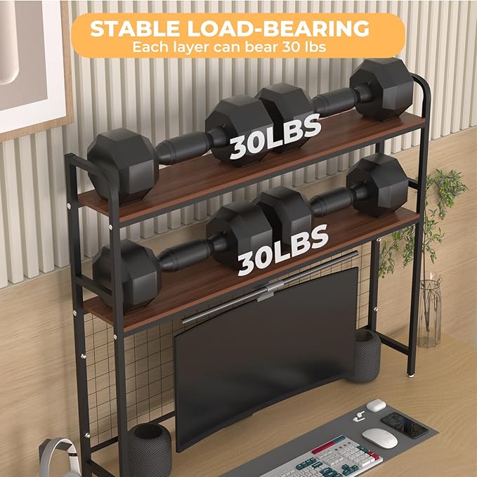 FAHKNS 2-Tier Desktop Bookshelf - Metal Desktop Bookshelf Organizer，Desk Book Organizer with 3 Hooks & DIY Storage Mesh，Suitable for Office/Game Room/Study/Powder Room（Black）