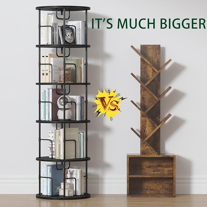 5Tier Rotating Bookshelf, Spinning Bookshelf Tower,360 ° Display Space Saving Standing Round Swivel Bookcase Corner Storage Organizer for Bedroom Living Room Office，Black