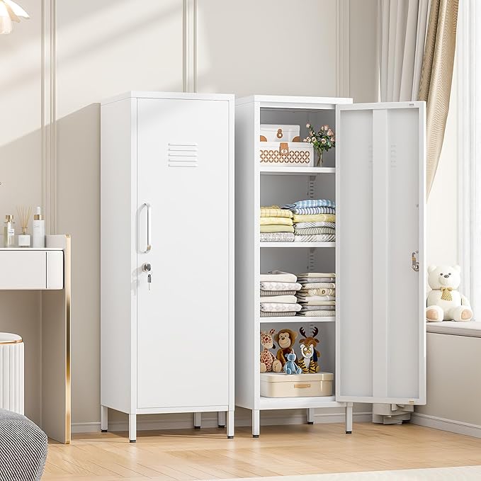 Ckzbx Tall Narrow Storage Cabinet 51.18" H Bathroom Cabinet Metal Pantry Cabinets, 3 Adjustable Shelves for Kitchen, Home Office, Living Room, Dinning Room (White)