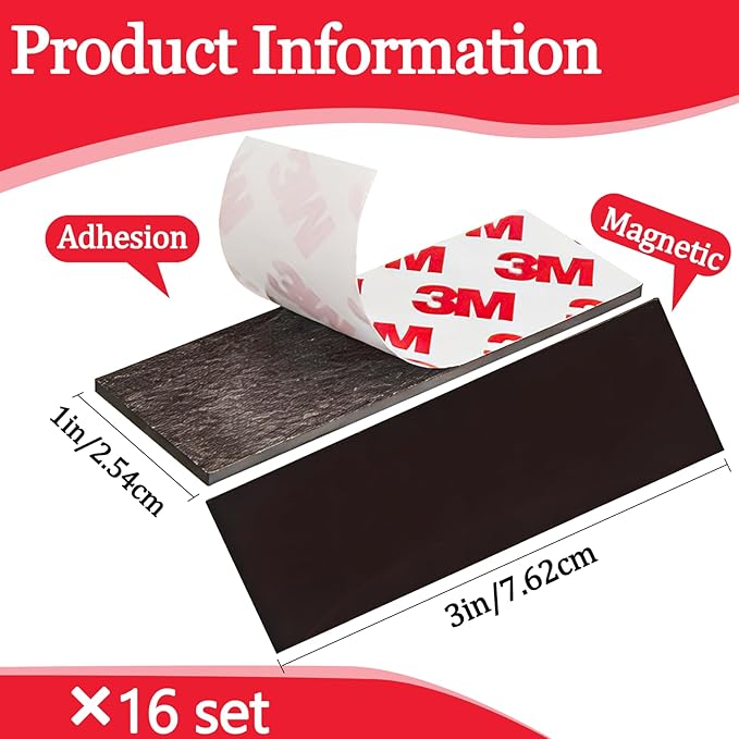 16Pack Magnetic Strip, Magnetic Tape with Adhesive Backing, Magnet Strips Heavy Duty (3" X 1") Strong Adhesive Magnetic Strips for DIY, Fridge, Whiteboard, Crafts, Signs, Cabinet（Right Angle）
