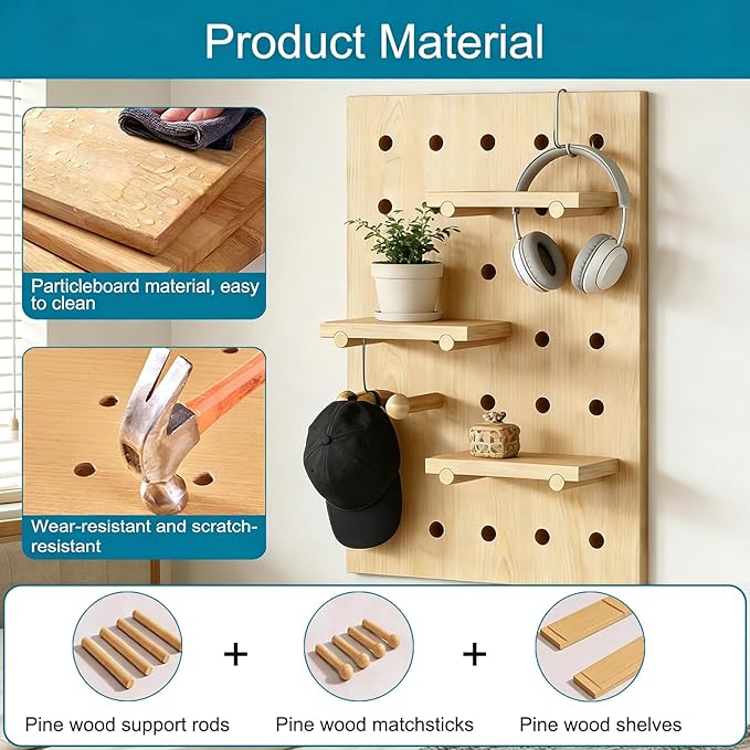 HJZALMI Pegboard Wall Organizer, Wood Pegboard Combination Kit with Shelves & Hooks, Modular Peg Board Panels Storage System for Office Organization Kitchen Bedroom, 15.7"x23.6"x0.6", Beige