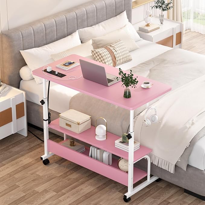 Armocity Rolling Standing Desk with Power Outlets, 32" Manual Height Adjustable Mobile Computer Desk with Wheels, Small Portable Sit Stand Laptop Couch Table for Bed & Sofa Home Office, Pink