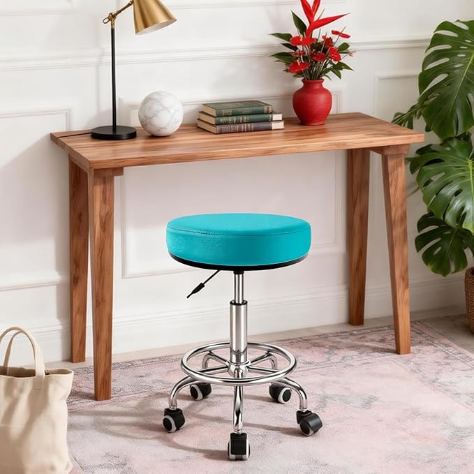 Heavy Duty Round Rolling Stool 500lb, PU Leather 360-degree Support Full-Edge Cover Layer Drafting Chair with Wheels, Height Adjustable Swivel Stool with Footrest, 5-min Easy Assembly (Blue)