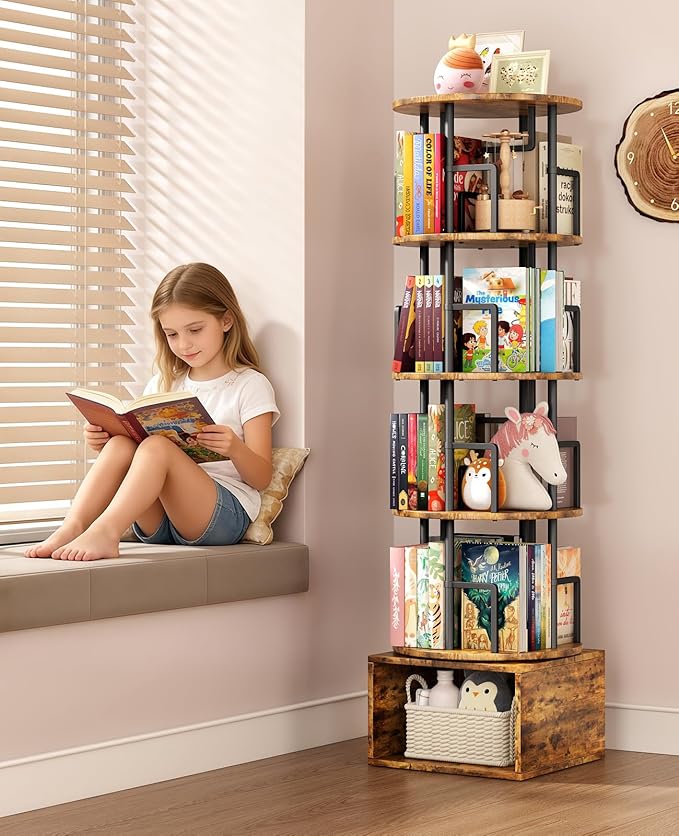 Kalrin 5 Tier Rotating Bookshelf with Extra Storage Cabinet, 360°Spinning Corner Bookshelf, Floor Standing Bookcase for Kids & Adult, Narrow Book Shelf for Bedroom Living Room, Vintage Brown