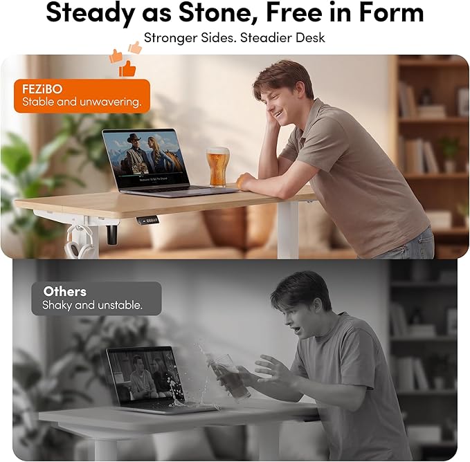 FEZIBO 40 x 24 Inchs Electric Standing Desk, Height Adjustable, Sit Stand Up, Computer Office Desk with Splice Board, White Frame/Maple Top