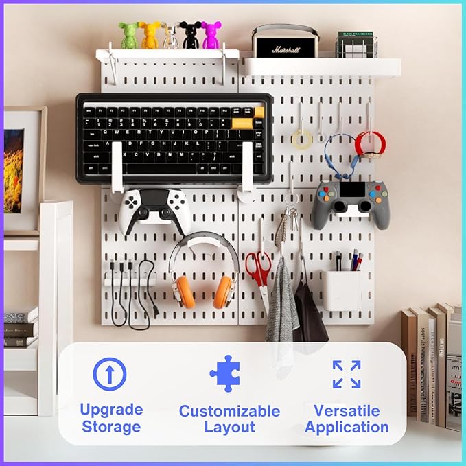 Keepo Peg Board Wall Organizer for Gaming Setup, Pegboard with Adhesives & Screw Mounts, Includes Peg Board Accessories for Gaming Accessories, Tech Storage & Office Organization (White, 22″×22″)