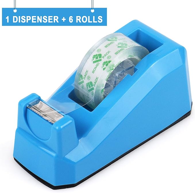 BOMEI PACK Tape Dispensers Desk, 1 Pack Blue with 6Rolls Transparent Tape Refills, 1 Inch Core, for Gift Wrapping, School, Office and Home