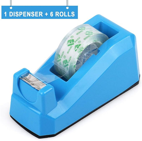 BOMEI PACK Tape Dispensers Desk, 1 Pack Blue with 6Rolls Transparent Tape Refills, 1 Inch Core, for Gift Wrapping, School, Office and Home