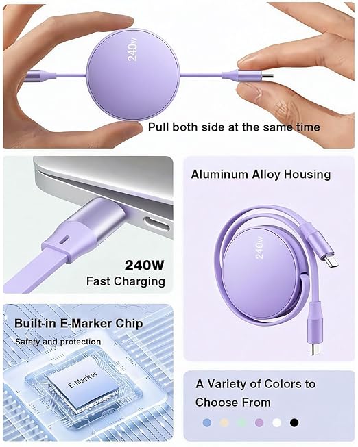 240W USB C to USB C Cable(Purple), Retractable USB c Cable Fast Charger, Short Type-C Charging Cord for iPhone 17/17 Air/16 Pro Max/15 Plus/Samsung Galaxy Z Flip 6 5 4/Google 10 Travelling Essentials