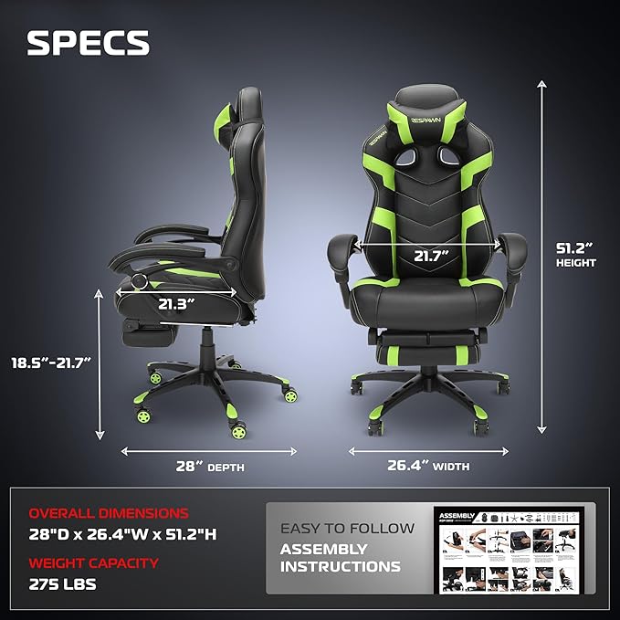 Respawn 110 Pro Ergonomic Gaming Chair with Footrest for Adults - Comfortable Office Gaming Recliner with Lumbar Support and Headrest, Racing Style Video Game Chairs for Computer Gamer - Green