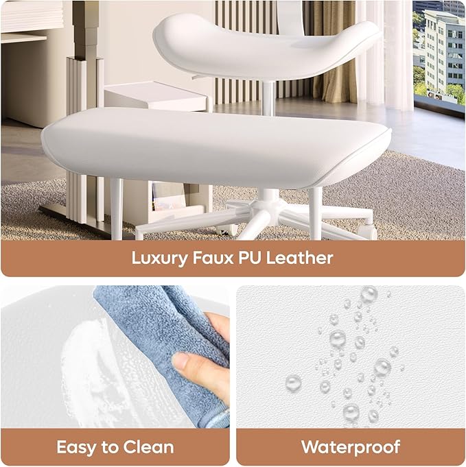 Pinmoco Upgraded Cross Legged Office Chair with Wheels, ADHD Chair for Adults, Wider Height Adjustable Backrest and Seat, Meditation Chair, Ergonomic & Yoga Office Chair, PU Leather, Beige, White