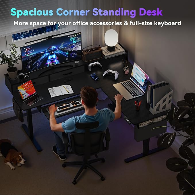 WALKINGDESK 63 Inches Height Adjustable L Shaped Standing Desk with 2 Drawers and Keyboard Tray, Electric Sit to Stand Home Office Comupter Table, Ergonomic Corner Gaming Desk, Black