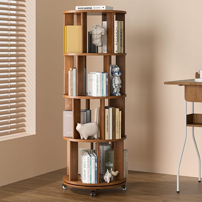 IUNVR Rotating Bookshelf, 4 Tier Solid Wood Bookshelf Tower with Lockable Wheels, 360° Spinning Revolving Bookcase for Small Spaces, Corners, Bedroom, Kids Room, Home Office, Walnut