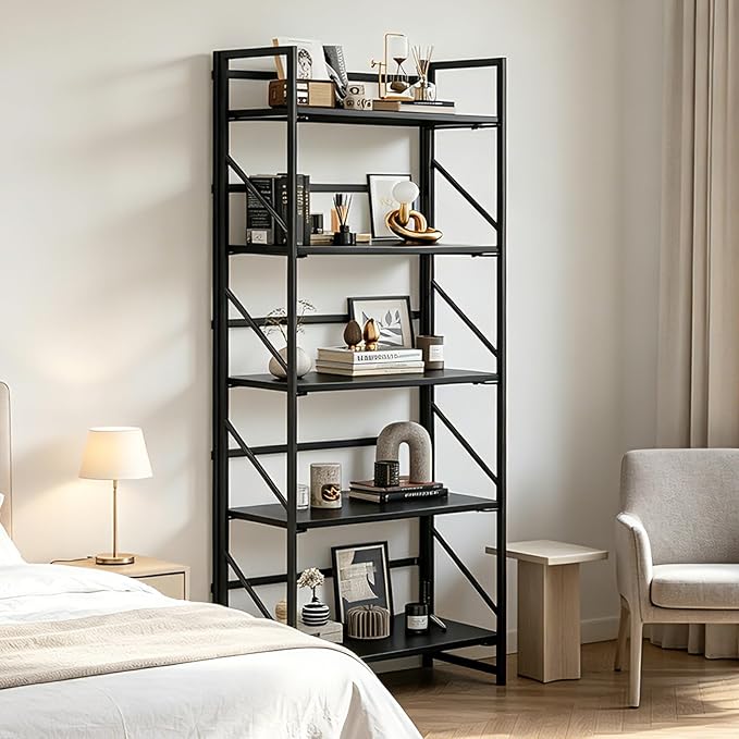 JSB No Assembly Folding Bookshelf, 5 Tier Industrial Metal Book Shelf for Storage, Vintage Wood Foldable Bookcase for Living Room, Bedroom, Office Organization Shelves