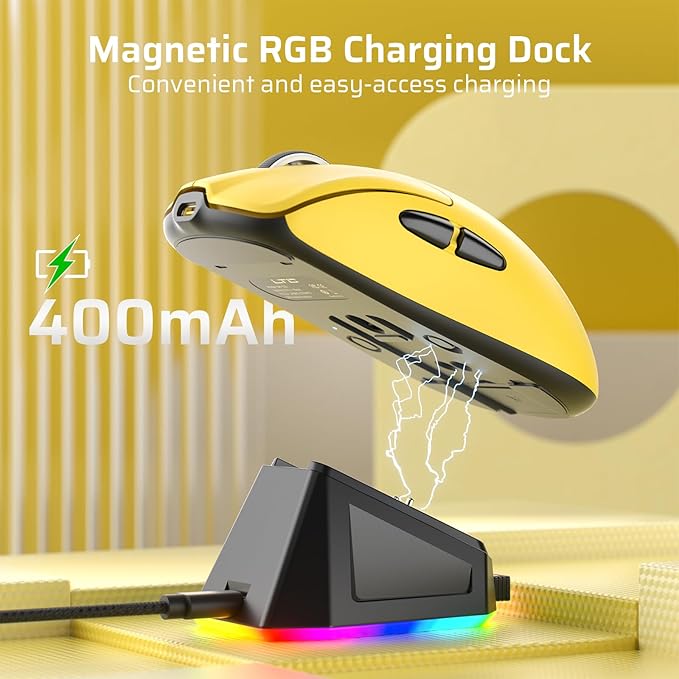 LTC GM022 Ultralight 3-Mode Wireless Gaming Mouse with RGB Charging Dock, PAW3395 26K DPI Sensor, 55G Lightweight Ergonomic Bluetooth Gaming Mouse, 5 Programmable Buttons, 80 Million Click Switch