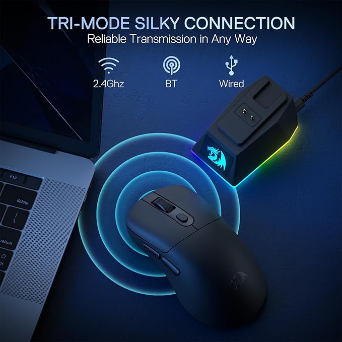 Redragon M998 Lightweight Wireless Gaming Mouse with RGB Magnetic Charging Dock, BT/2.4G Wireless/Wired Optical Mice, 24000 DPI, 5 Programmable Buttons for PC/Mac, Black