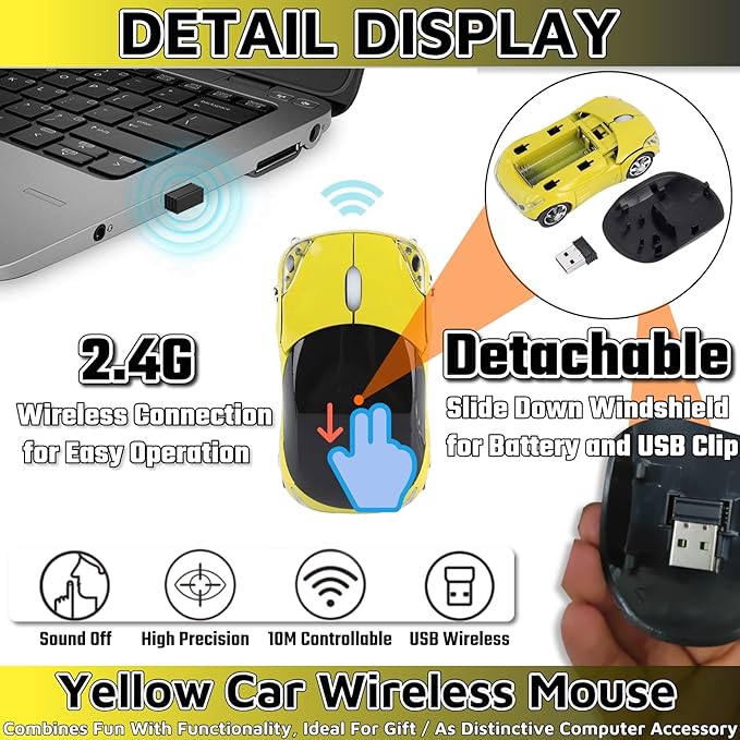 HuGuWdy Yellow Cute Wireless Mouse，2.4G with USB Reciver 1600DPI Car Mouse for Computer Wireless for Laptop Computer Tablet for Windows for Mac OS for Christmas（Yellow）