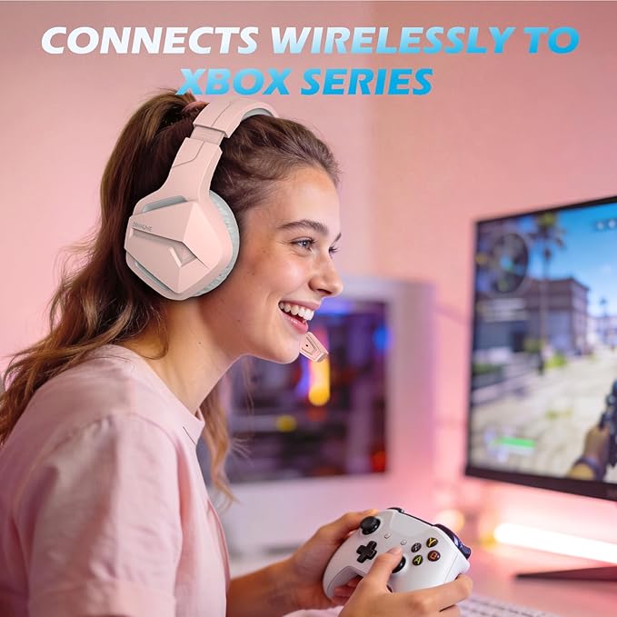 BINNUNE Wireless Gaming Headset for Xbox Series X/S, Xbox One, 120H Ultra-Long Battery, Bluetooth 5.3 Gaming Headphones with Noise-Canceling Mic, Comfortable Over-Ear Headphones,Pink
