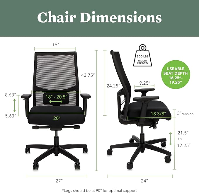 HON Ignition 2.0 Mid Back Task Chair, Advanced Synchro-Tilt Control, Office Chair with Lumbar Support, Height and Width Adjustable Arms, Black Frame, Frost