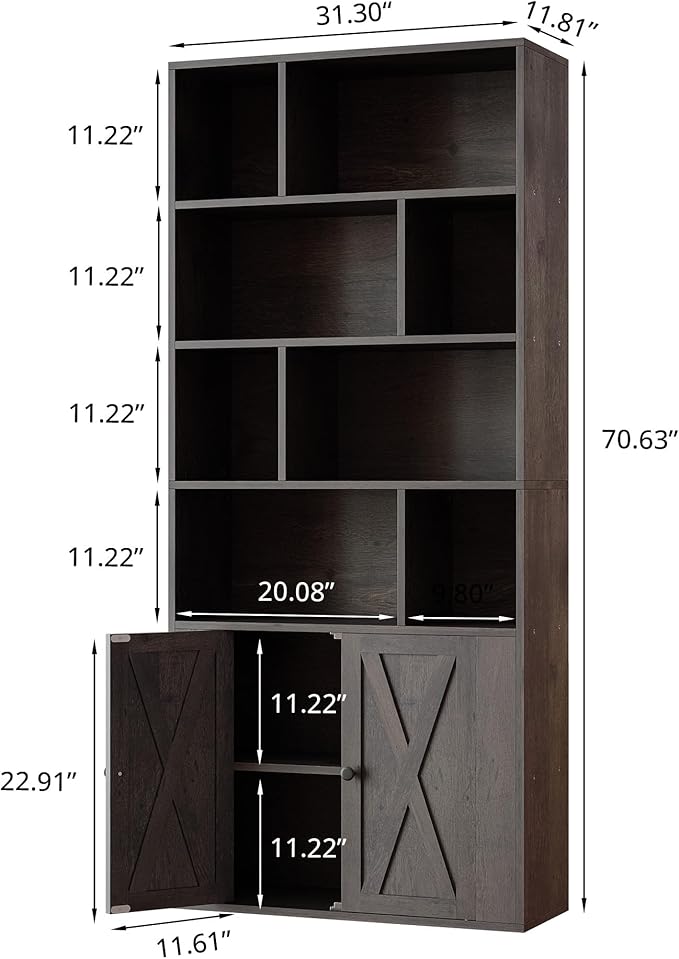 IRONCK Book Shelf, Tall Bookshelf with Storage, Bookshelves and Bookcases with Doors, 4-Tier Bookcase with 8 Open Cubes for Living Room, Office, Study, Charcoal Gray