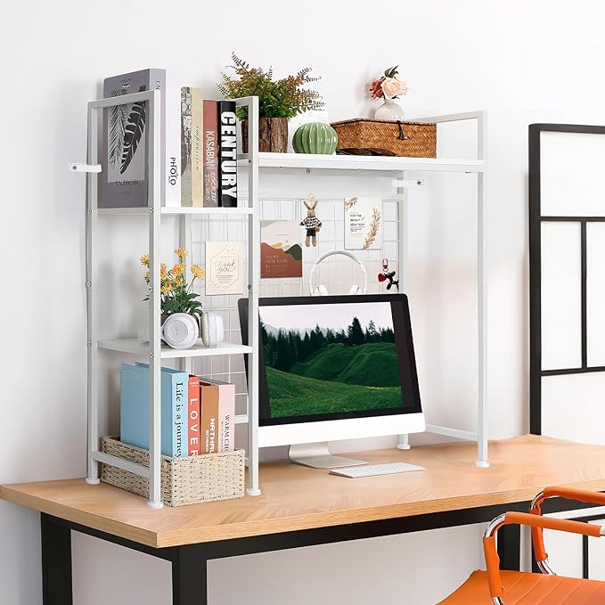 YBING Desk Shelf, 37.4" Desktop Organizer Shelf, Desk Hutch for Computer Monitor, Display Bookcase Rack with Grid Panel, Wood Desktop Bookshelf for Home Office Dorm, White