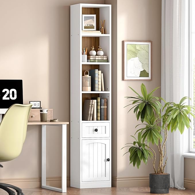 HOOBRO 70.9" Inch Tall Bookcase, Tall Narrow Bookshelf with Storage Cabinet and Adjustable Shelf, Space Saving Storage Shelf Bookcase for Office, Living Room, Bedroom, White and Walnut WH42SJ01