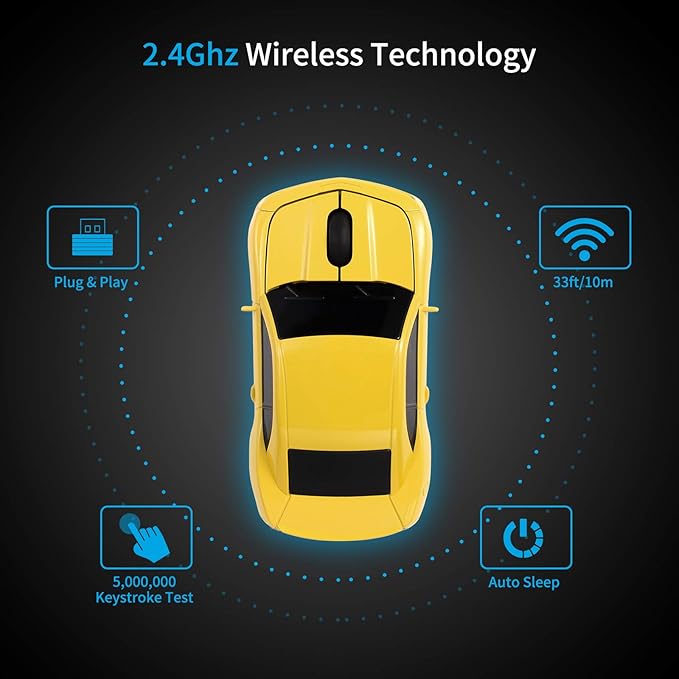 Wireless Car Mouse [Updated] with LED Headlights, 1600 DPI Sports Car Shaped Mouse for Mac, Computers, Yellow