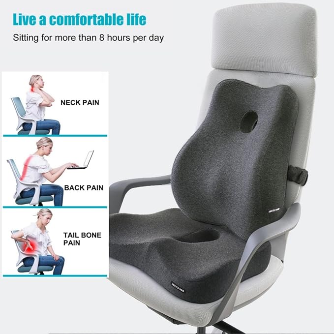 Seat Cushion and Lumbar Support Pillow for Office Chair, High-Elastic Memory Foam Car Chair Cushions, 4.7" Extra Thick Back Support for Long Sitting, Breathable Washable Cover(Dark Grey)