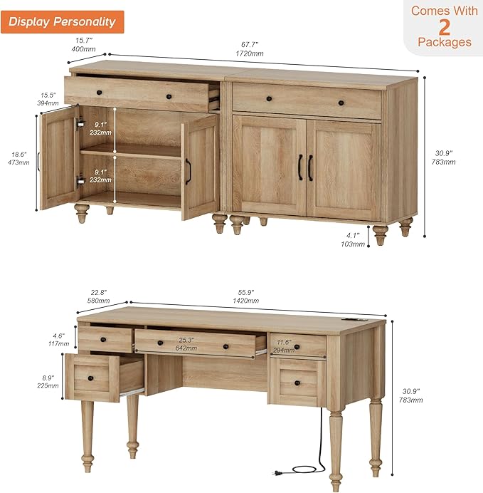 WAMPAT Home Office Furniture Set, 56'' Executive Desk with Charging Station, 2-in-1 Cabinet with 4 Doors and 2 Drawers, Wood Computer Desk with File Cabinet Storage, Open Shelf, Oak