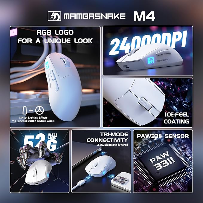 MAMBASNAKE M4 Wireless Gaming Mouse, 52g Lightweight BT/2.4Ghz/Wired Computer Mouse, PAW3311 24K DPI Optical Sensor, 200h Battery Life, Programmable Mice for PC/Win/Mac(White)