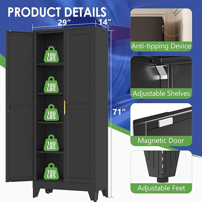 71" Metal Storage Cabinet with Adjustable Leveling Foot,Garage Storage Cabinets with 2 Doors and 4 Adjustable Shelves, Black Steel Cabinet for Office,Home,Garage