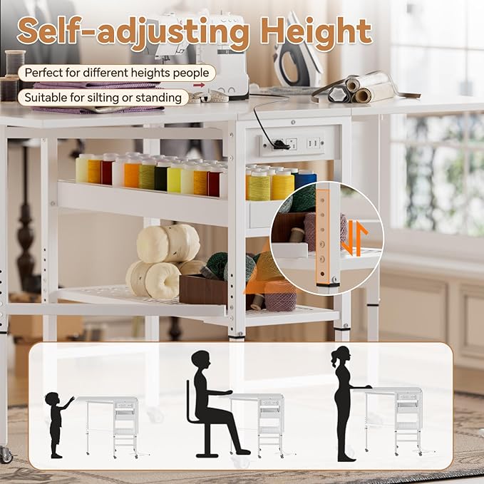PAKASEPT Height Adjustable Sewing Cutting Table with Charging Station, Folding Craft Table with Storage,Movable Shelves for Large Fabric, Mobile Sewing Desk for Home Office Sewing/Craft Room,White
