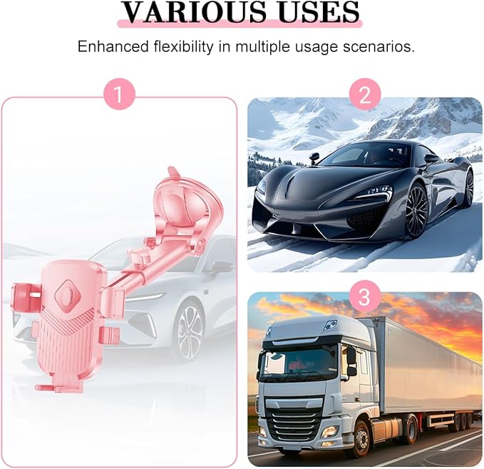 Car Phone Holder, 360° Adjustable Strongest Suction Vehicle Windshield Dashboard Air Vent Cell Phone Mounts, Hands Free Automotive Interior Smartphone Stand, Universal Fit (Pink)