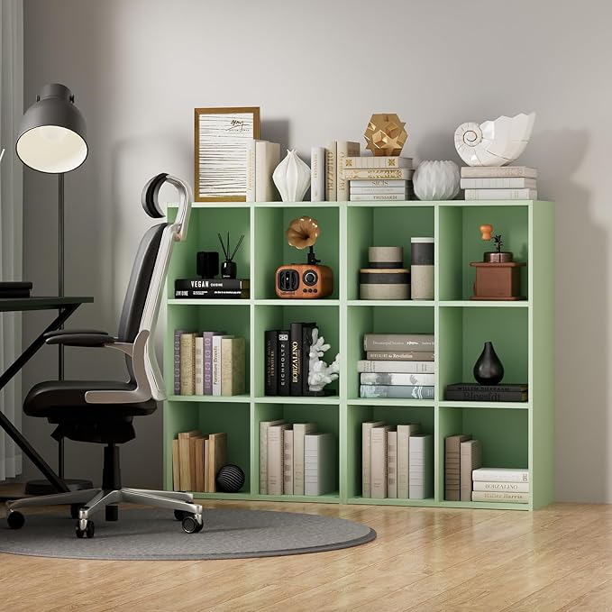 Wooden 6 Cube Storage Organizer with Closed Back Panel, Modern Open Cube Storage Shelf Bookshelf with Compartments, Cube Shelf Organizer for Living Room, Bedroom, Study Room (Green)