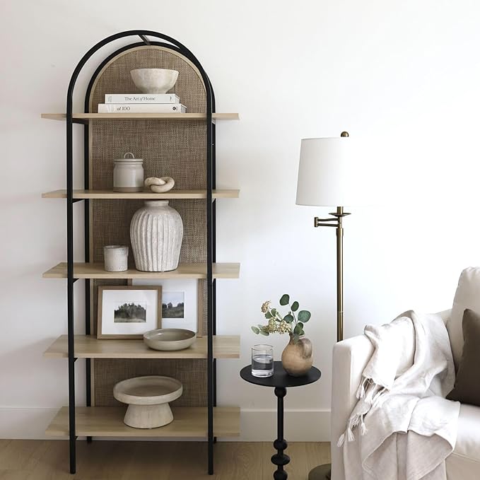 Nathan James Amara Bohemian 5-Shelf Etagere Bookcase, Rattan Open Bookshelf with Arch Top, Light Oak/Matte Black, Set of 4
