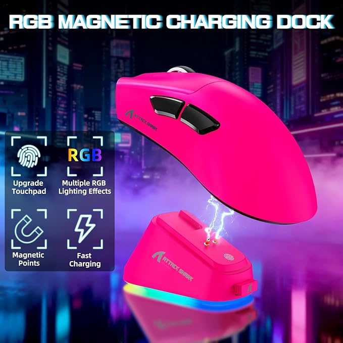 ATTACK SHARK V3 Pro Wireless Esports Gaming Mouse with Magnetic Charging Dock:62g Lightweight-1K Polling-25K DPI-PAW3311 Sensor,Wired/BT/2.4Ghz Programmable,BK52820 IC for PC Mac Win Gamer(Berry Red)