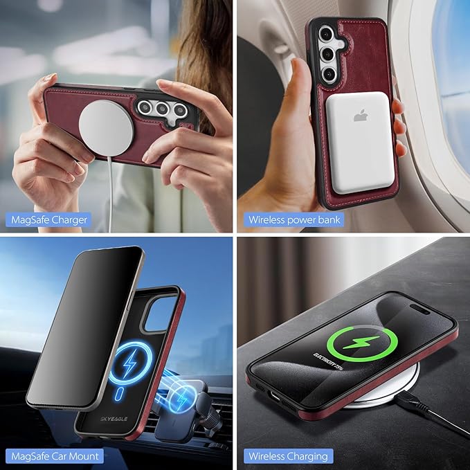SkyEagle Compatible with Magsafe 2 in 1 Detachable Galaxy S25 Wallet Case with Card Holder,Women Men Magnetic PU Leather RFID Blocking Flip Kickstand Credit Slots for Galaxy S25 6.2",Wine Red