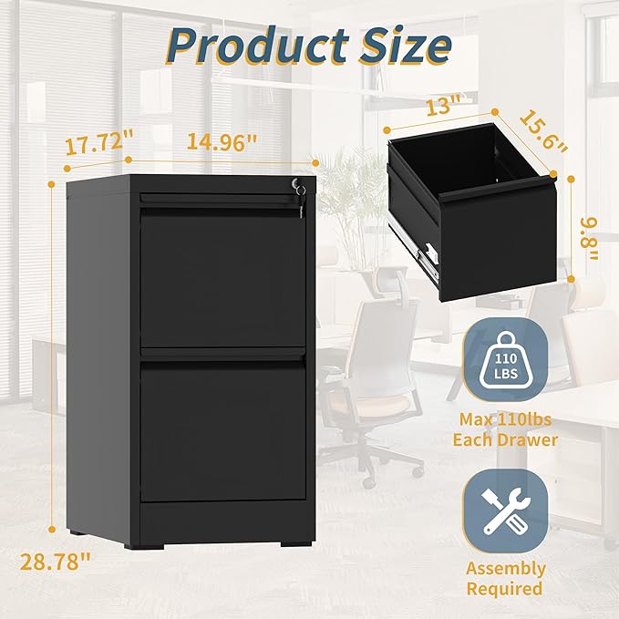 2 Drawer File Cabinet with Lock, Vertical Filing Cabinets for Home Office, Metal Storage Cabinets, Heavy Duty File Cabinet for Letter/Legal/A4/F4 Size Amsseble Required, Black