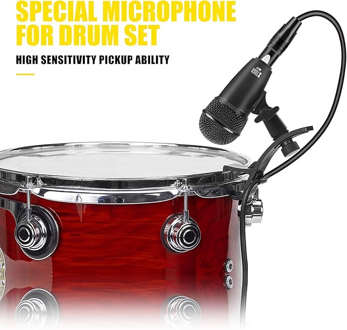 XTUGA 7-Piece Drum Microphone Kit,Wired Dynamic Drum Mic Kit - Metal Kick Bass Drum,Tom/Snare & Cymbals Microphone with Thread Clip-On for Stage Performances and Studio Recording(MI7)